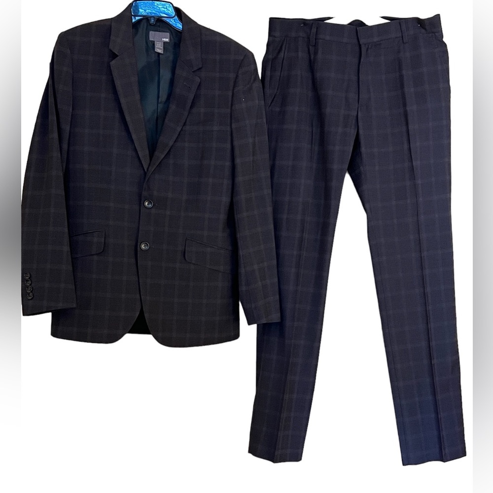 H&M: Navy & Grey Checkered 2 Piece Pants Suit Jacket 36R Pants 32R (read specs)